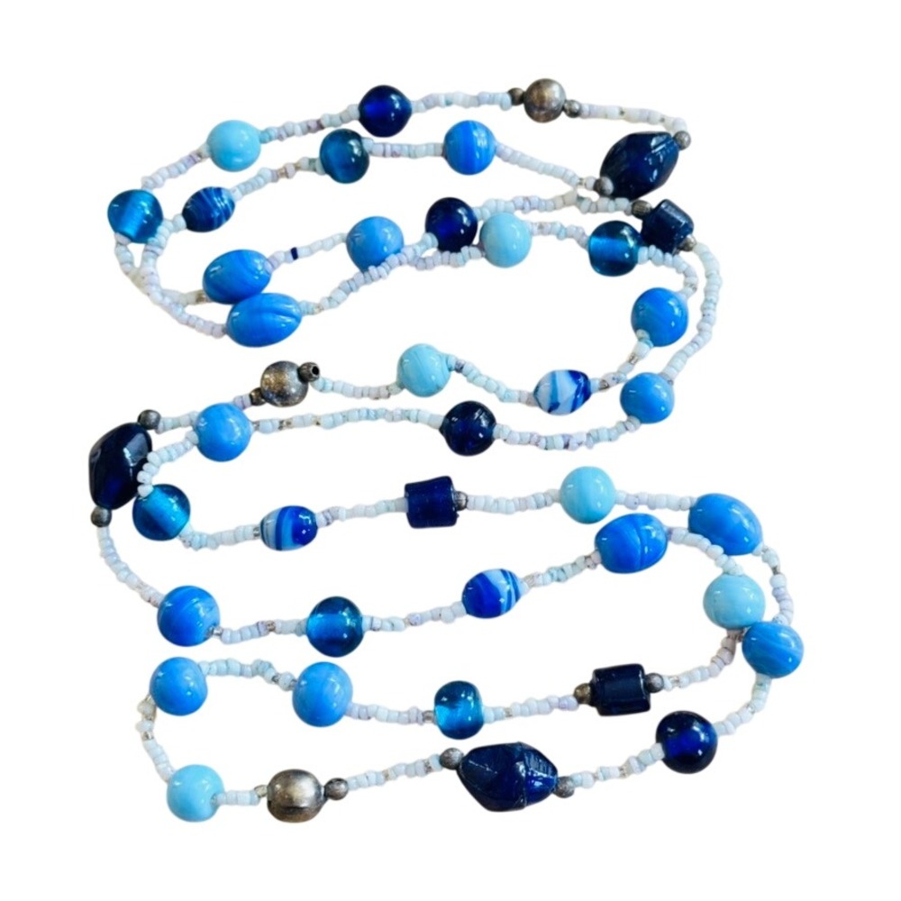 VTG Art Glass Blue Necklace Poured Beads Long Opera Flapper Retro Artisan‎ 46"